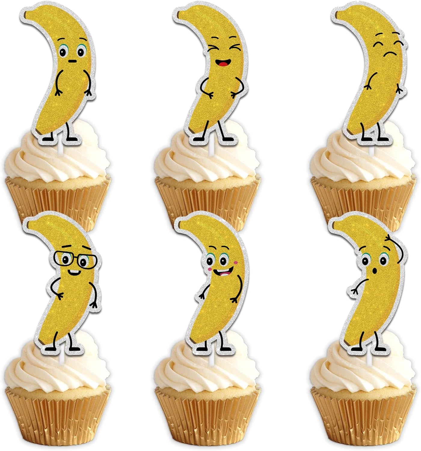 18pcs Yellow Glitter Cute Banana Dessert Cupcake Topper Pick for Funny Fruit Theme Decor Supplies Baby Shower Men Women Boys Girls Happy Birthday Party Decorations
