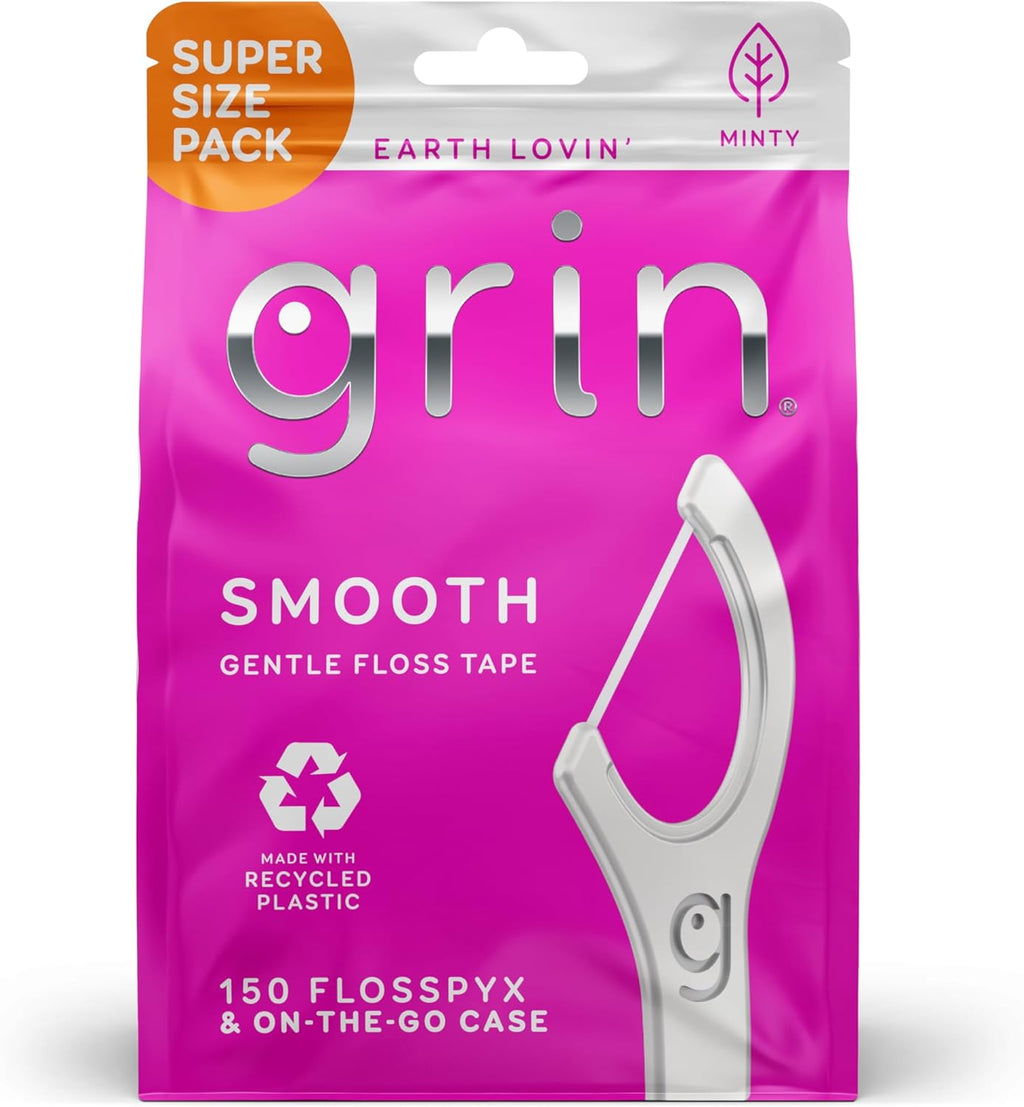 GRIN Smooth Flosspyx, Gentle Floss Picks, 150 Count, Dental Flossers, Minty Flavor, Recycled Plastic, Smooth Floss, Tight Teeth, Premium Longer Floss Head, Includes Safe Fold-Back Tooth Pick