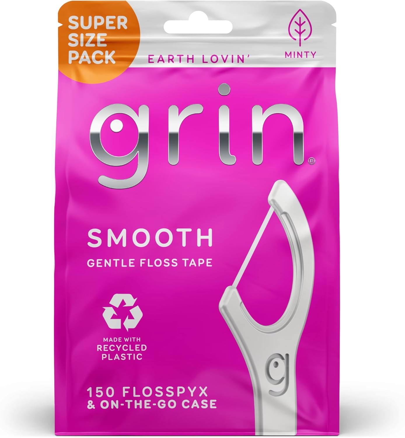 GRIN Smooth Flosspyx, Gentle Floss Picks, 150 Count, Dental Flossers, Minty Flavor, Recycled Plastic, Smooth Floss, Tight Teeth, Premium Longer Floss Head, Includes Safe Fold-Back Tooth Pick
