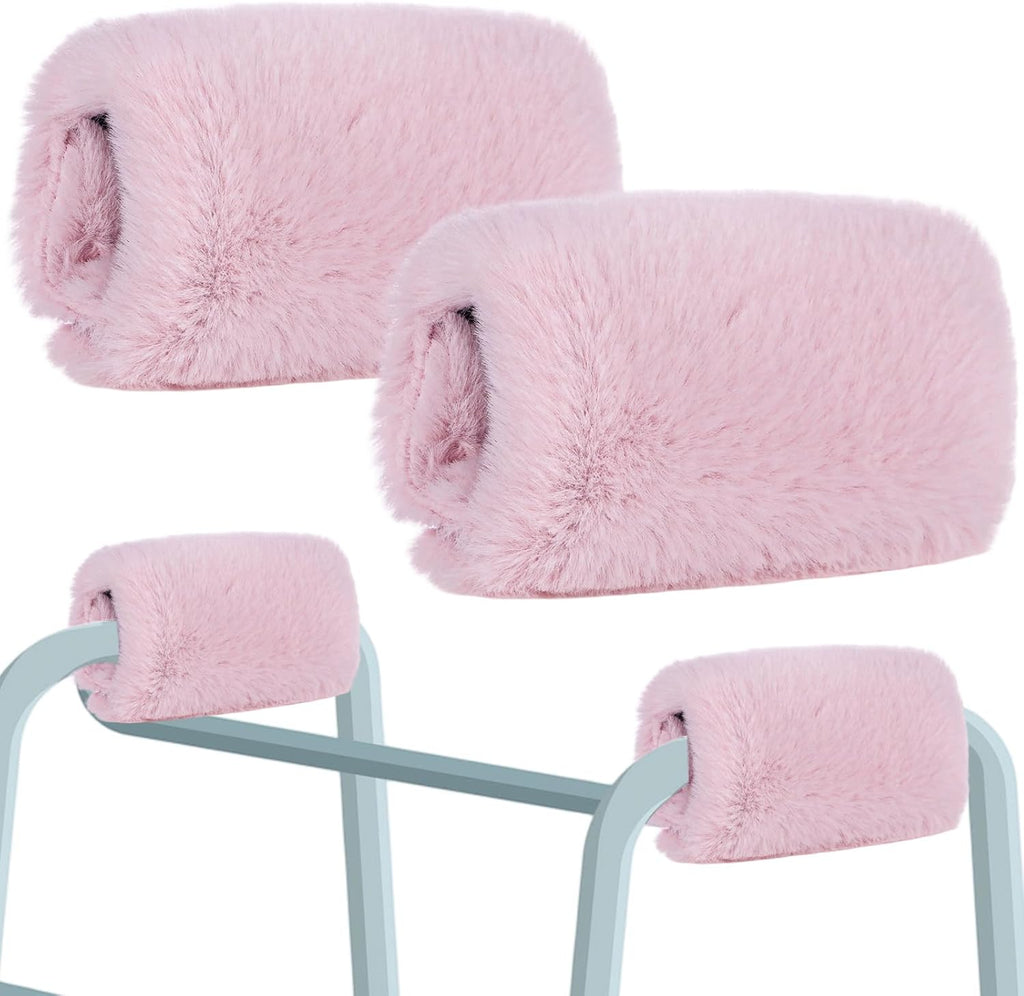 Threlaco 2 Pcs Walker Handle Cushions Fluffy Walker Hand Pads Universal Padded Rollator Hand Cover for Folding Rolling Wheelchair, Senior, Elderly Grippers, with 2 Extra Foam Pads(Pink)