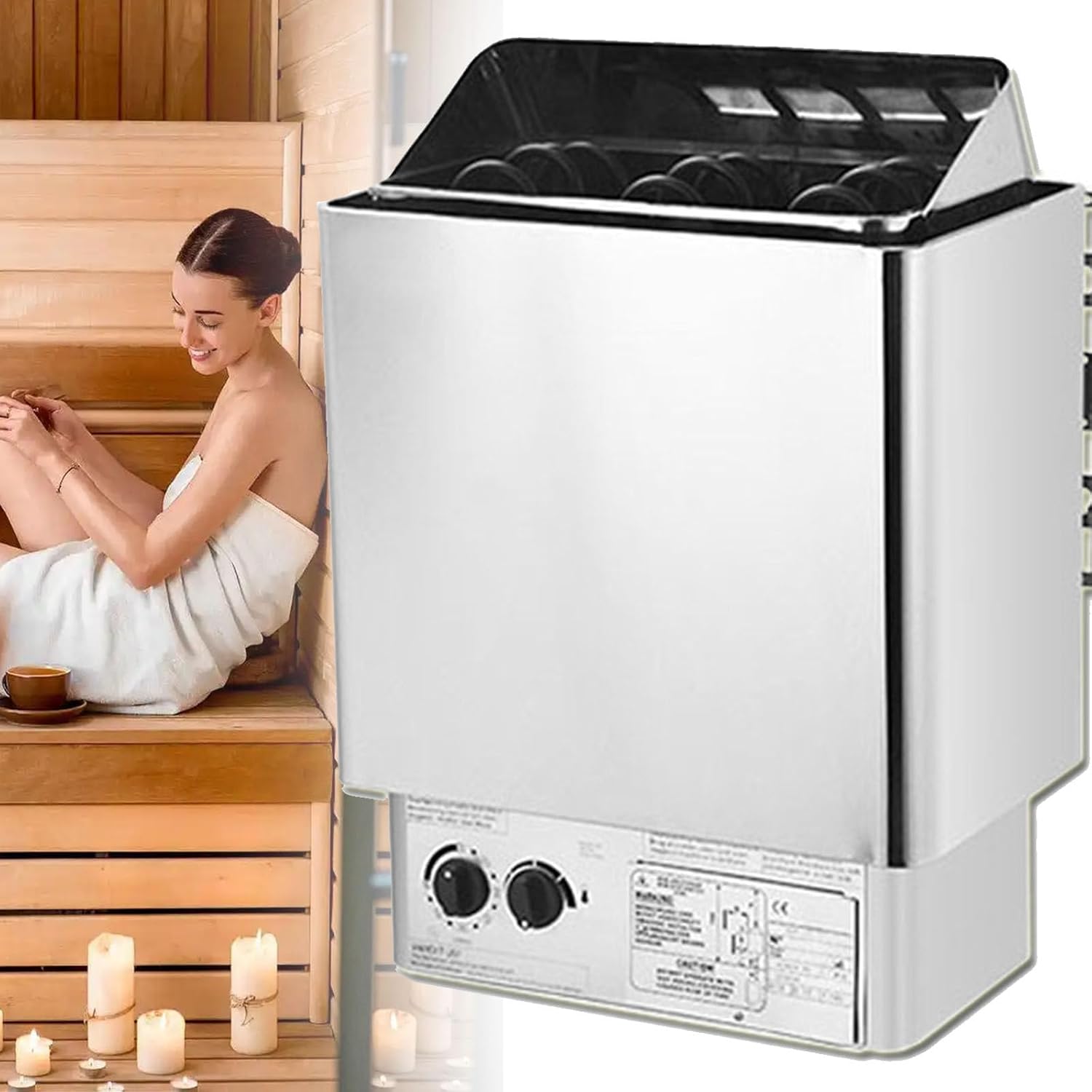 Electric Sauna Heating Stove, Stainless Steel Sauna Heater with Timer & Temperature Adjustable, Wet and Dry Bath Sauna Oven with Internal Controller, for Home Hotel Spa Shower Room,6KW