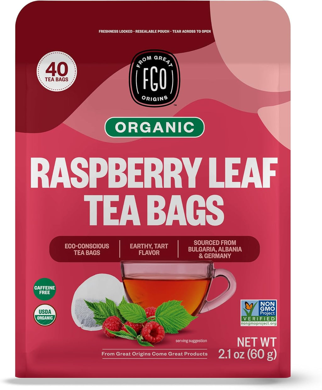 FGO Organic Red Raspberry Leaf Herbal Tea, 40 Count, Eco-Conscious Tea Bags, Caffeine Free (Pack of 1)