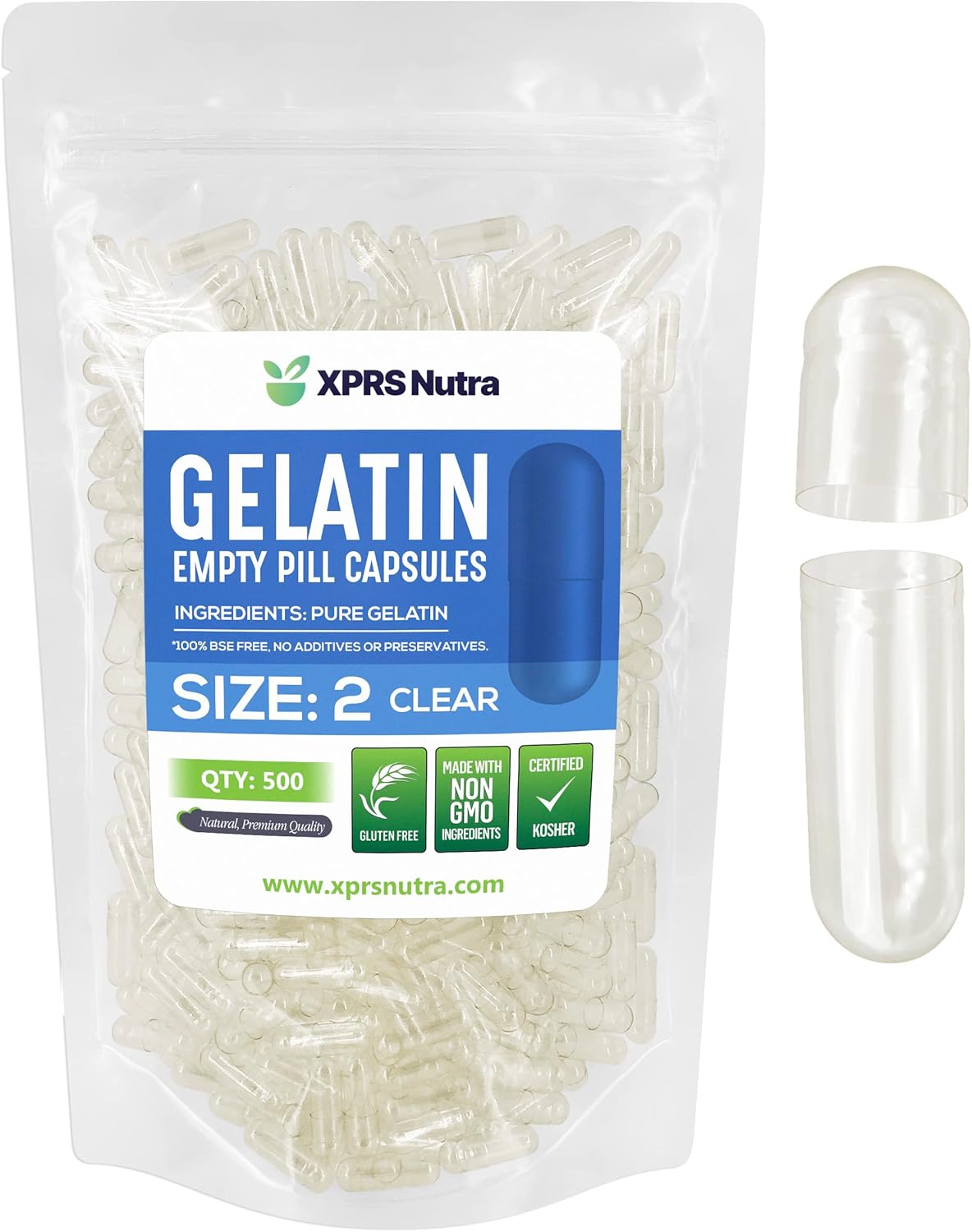 XPRS Nutra Size 2 Empty Capsules - 500 Count Clear Empty Gelatin Capsules - Pills DIY Capsule Filling - Pure Bovine Pill Gel Caps for Do-It-Yourself Supplements