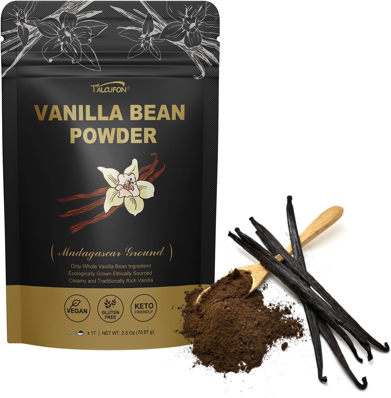 TALCUFON Madagascar Ground Vanilla Bean Powder, 100% Ground Vanilla Beans, No Fillers and Additives, Gluten Free, Non-GMO Great for Coffee, Baking, Shakes 2.5 Oz