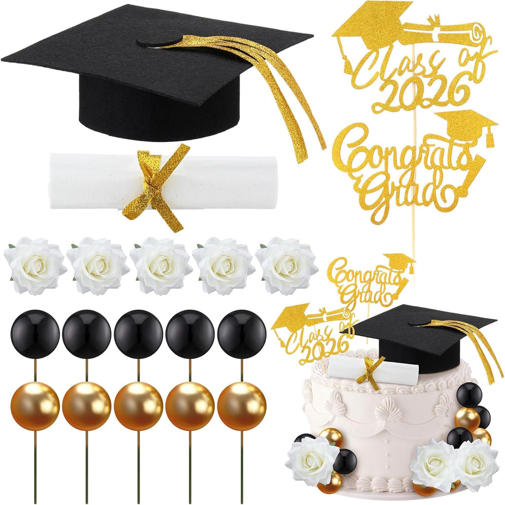 Maxdot 29 Pcs Graduation Cake Toppers Kit Included Grad Cap Diploma Balls Flowers Congrats Grad Cake Decorations for 2026 High School College Senior Graduation Party(Black)