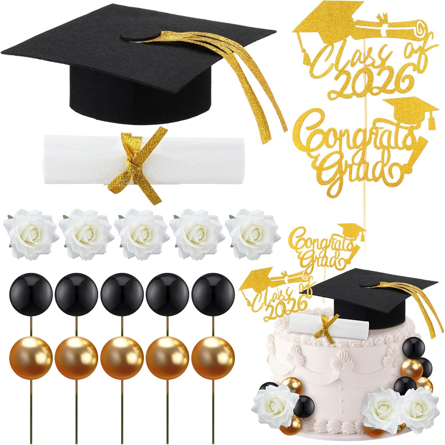 Maxdot 29 Pcs Graduation Cake Toppers Kit Included Grad Cap Diploma Balls Flowers Congrats Grad Cake Decorations for 2026 High School College Senior Graduation Party(Black)