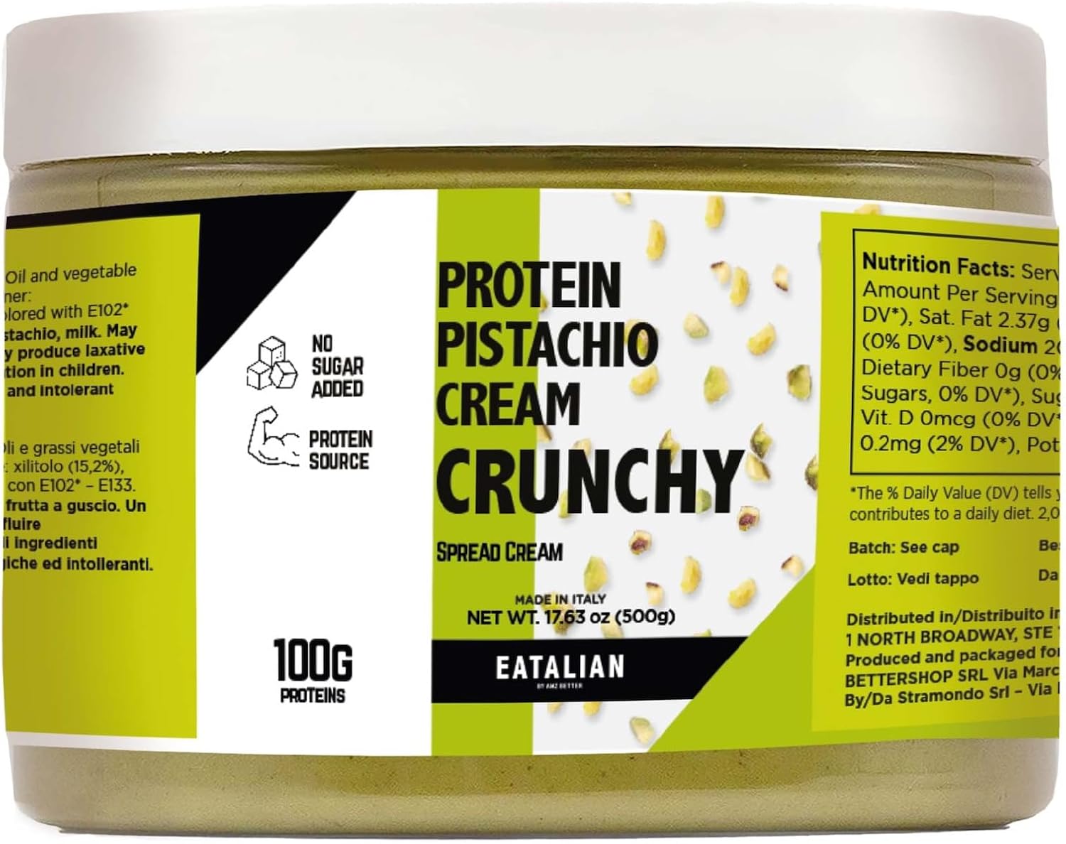 EATALIAN by AMZ BETTER Spreadable Crunchy Pistachio Protein Cream 17.63 oz/ 500 gr, Pistachio Cream with Grains, Protein Paste, Sweet Taste, Ideal on Bread Excellent for Dubai Chocolate, Made in Italy