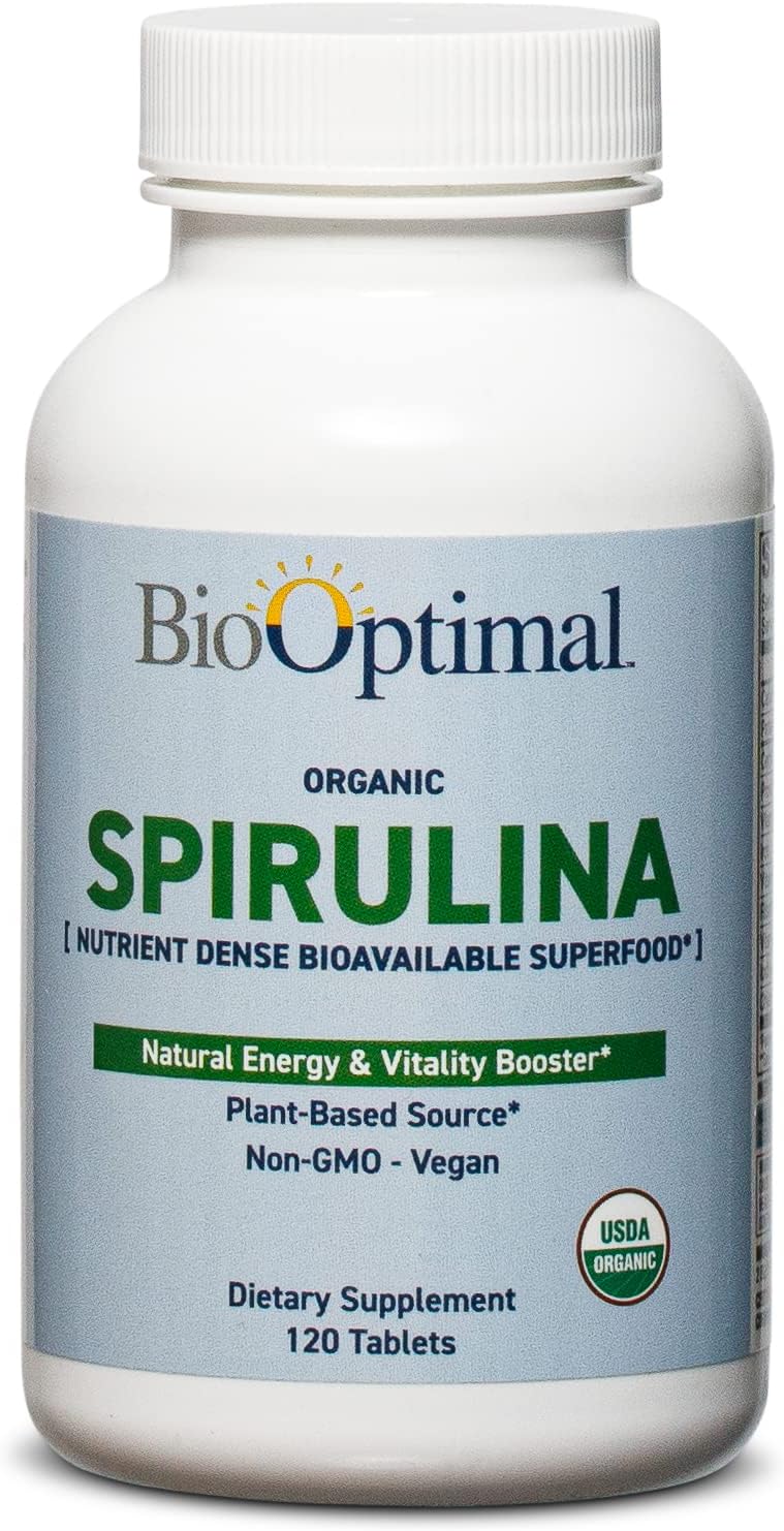 BioOptimal Organic Spirulina Tablets - Organic, Non-GMO, No Additives or Fillers - 500mg Premium Quality Dietary Supplement with Vitamins, Minerals, & Antioxidants (120 Tablets)