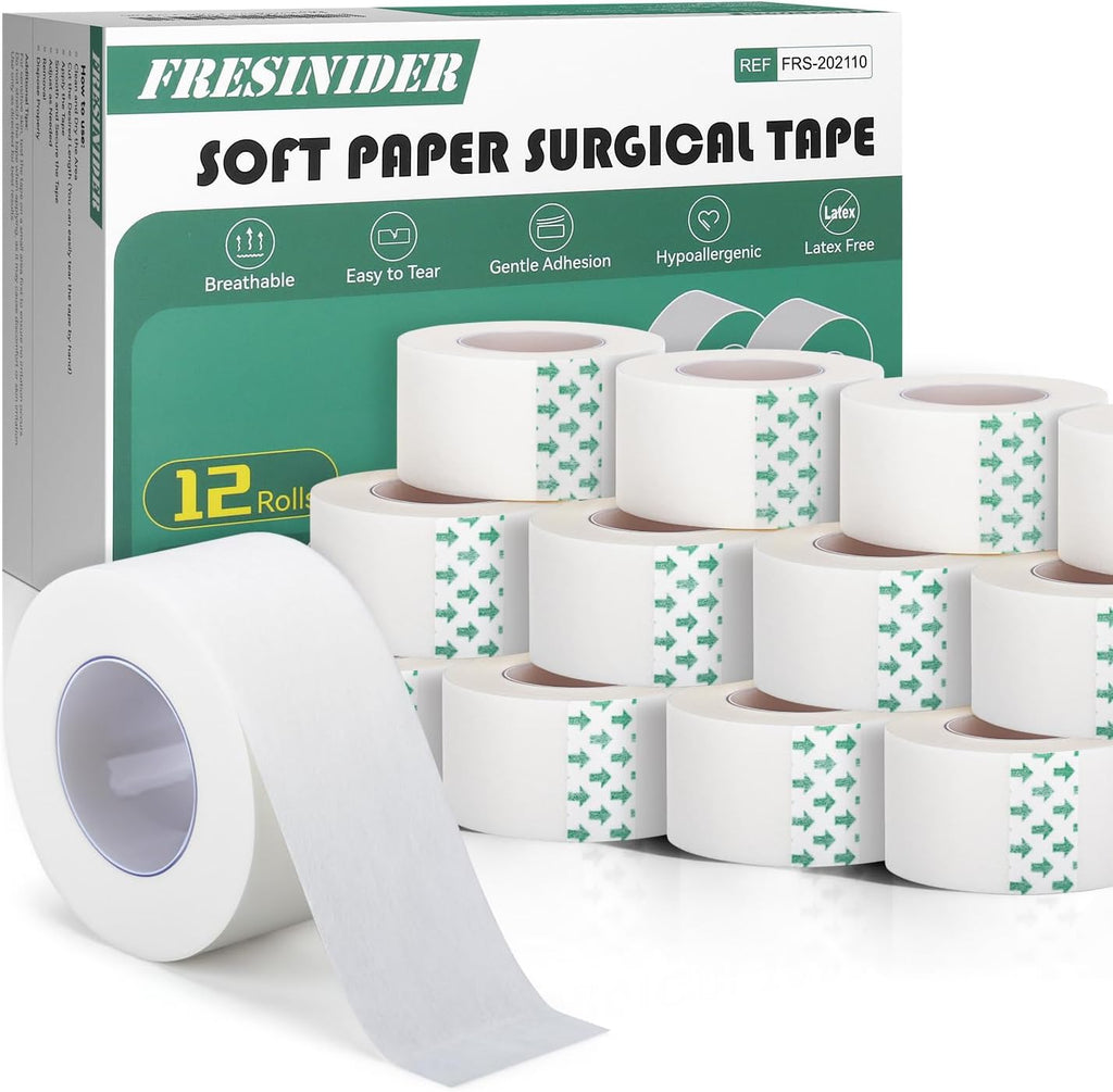 FRESINIDER Soft Paper Surgical Tape 12 Rolls, 1” x 10 Yards, Hypoallergenic Latex-Free Medical Tape for Sensitive Skin, Breathable Easy-Tear Surgical Tape for Wound Care, Bandage Fixation & First Aid