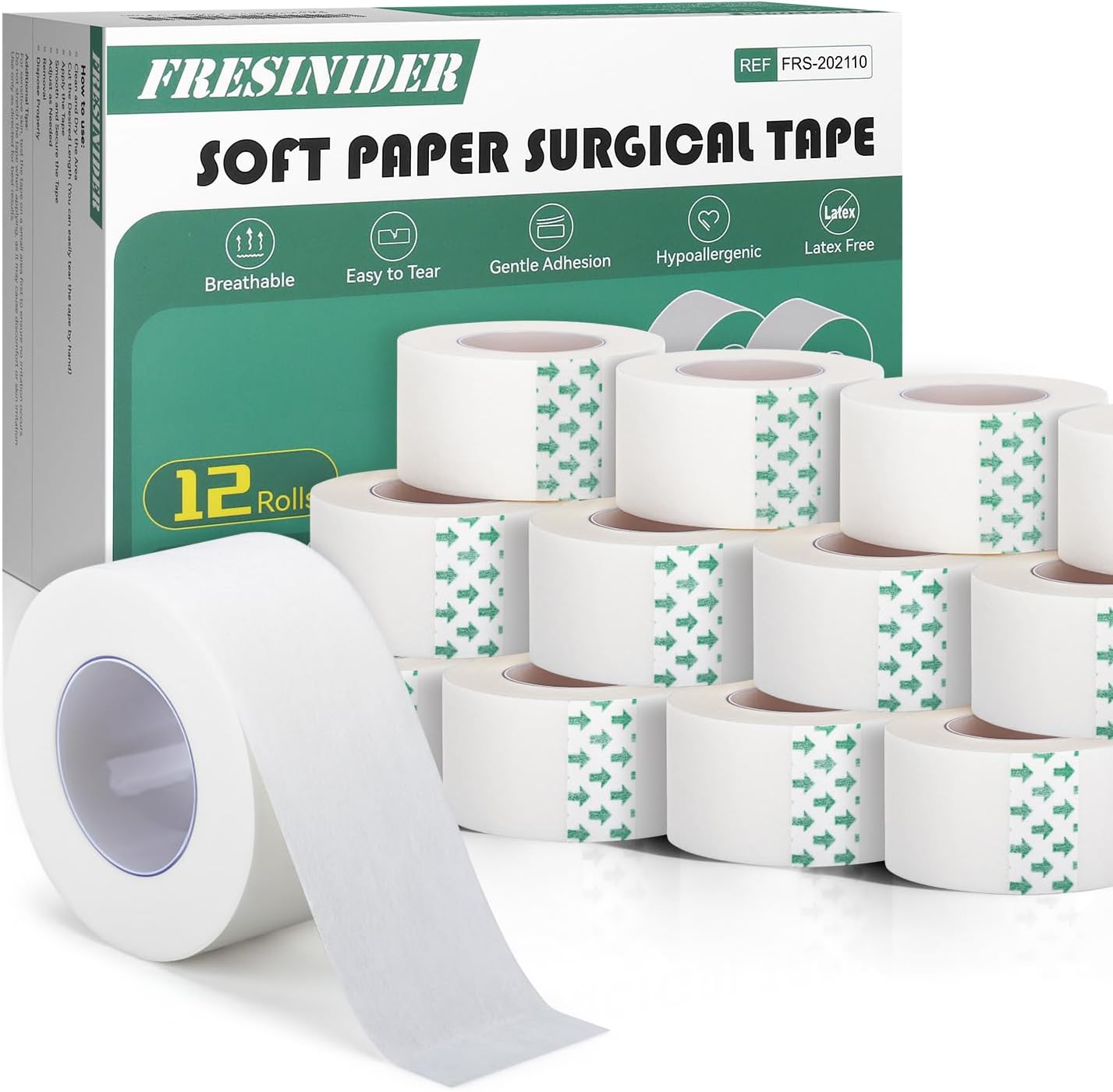 FRESINIDER Soft Paper Surgical Tape 12 Rolls, 1” x 10 Yards, Hypoallergenic Latex-Free Medical Tape for Sensitive Skin, Breathable Easy-Tear Surgical Tape for Wound Care, Bandage Fixation & First Aid