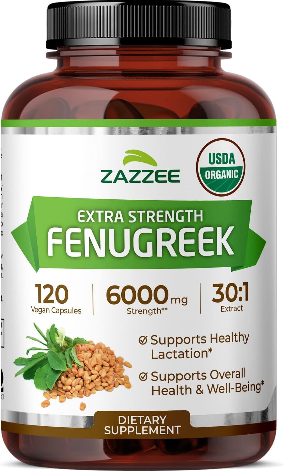 Zazzee USDA Organic Fenugreek 30:1 Extract, 120 Vegan Capsules, 4 Month Supply, Breastfeeding & Lactation Support for Nursing Mothers, Organic Herbal Supplement, All-Natural, Non-GMO, Made in the USA