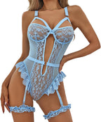 Women's Lace Lingerie Sets with Garter Belt Bodysuit with Thigh Cuffs 3 Piece Strappy Teddy Babydoll Nightwear