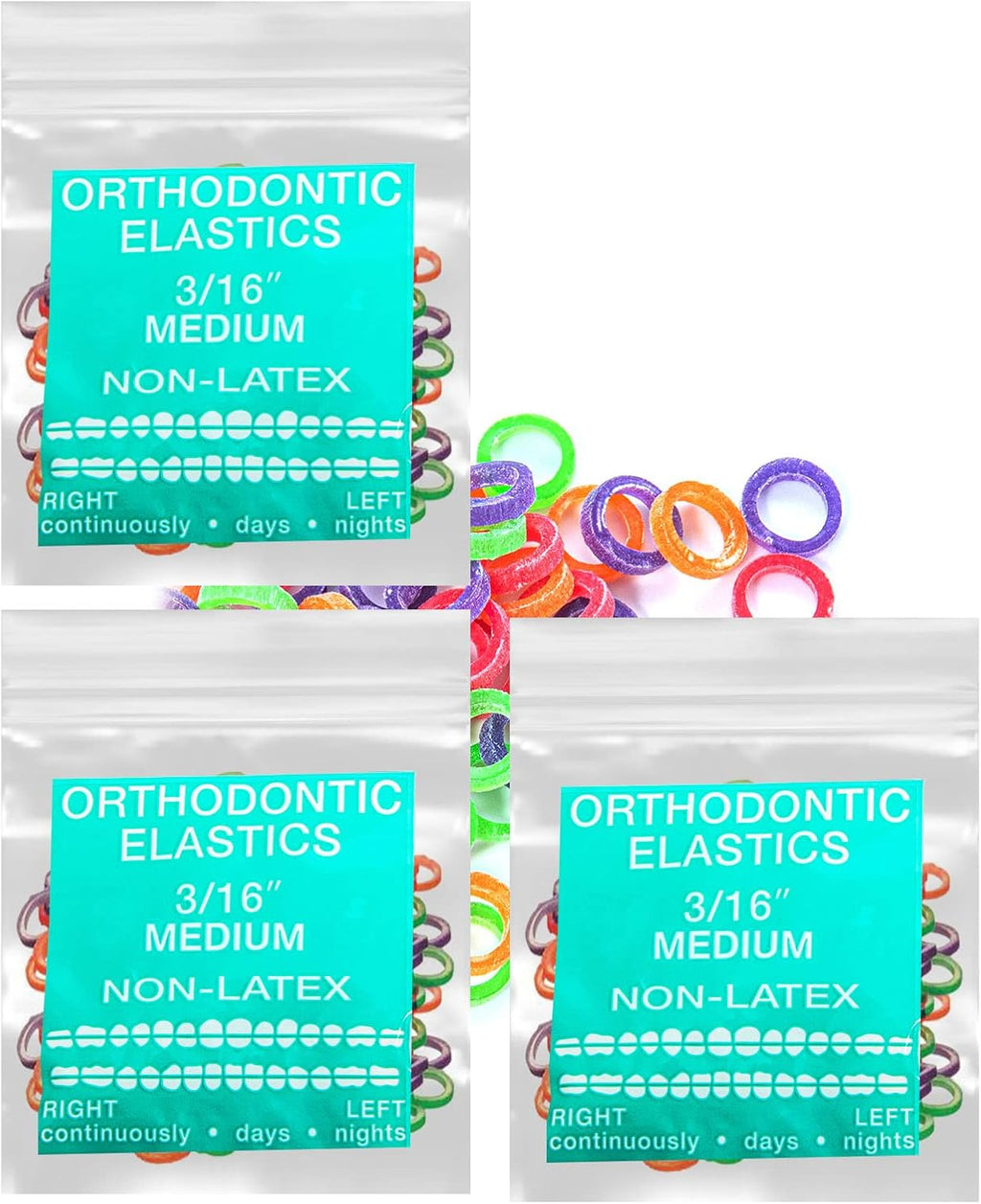 Neon non-Latex 3 Packs 300 counts Medium 3/16inch Intraoral Elastic Bands Orthodontic Elastics Dental Rubber Bands Made in US (Medium [4.5oz], 3/16inch, 4.7mm)