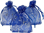 100pcs Sheer Organza Favor Bags For Wedding Baby Shower Rattan Print Gift Bags Samples Display Drawstring Pouches (5x7 inch, blue)