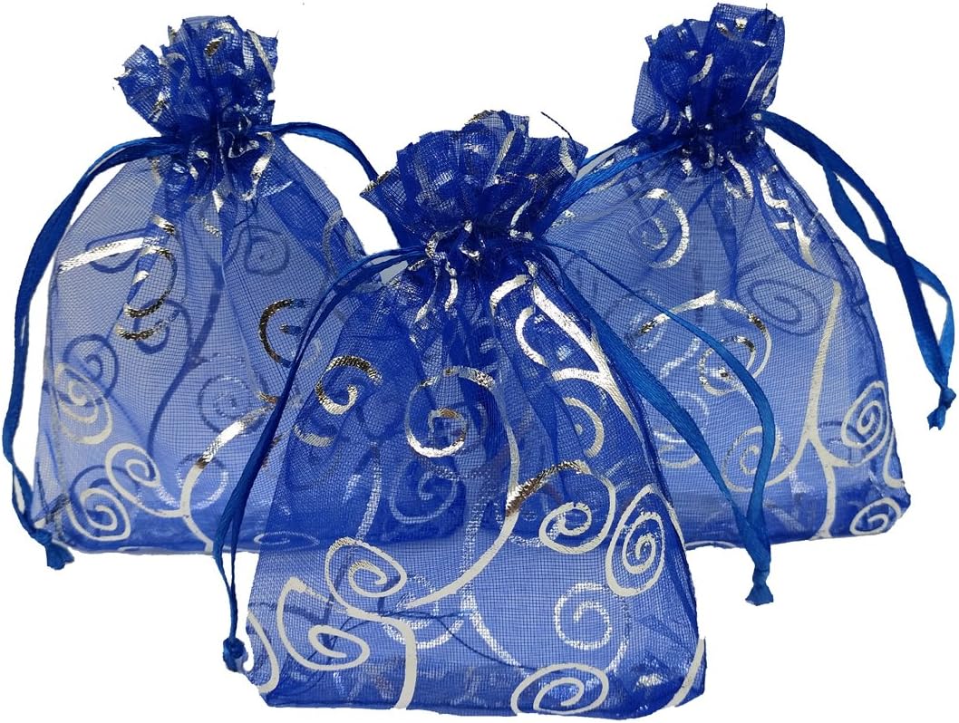 100pcs Sheer Organza Favor Bags For Wedding Baby Shower Rattan Print Gift Bags Samples Display Drawstring Pouches (5x7 inch, blue)