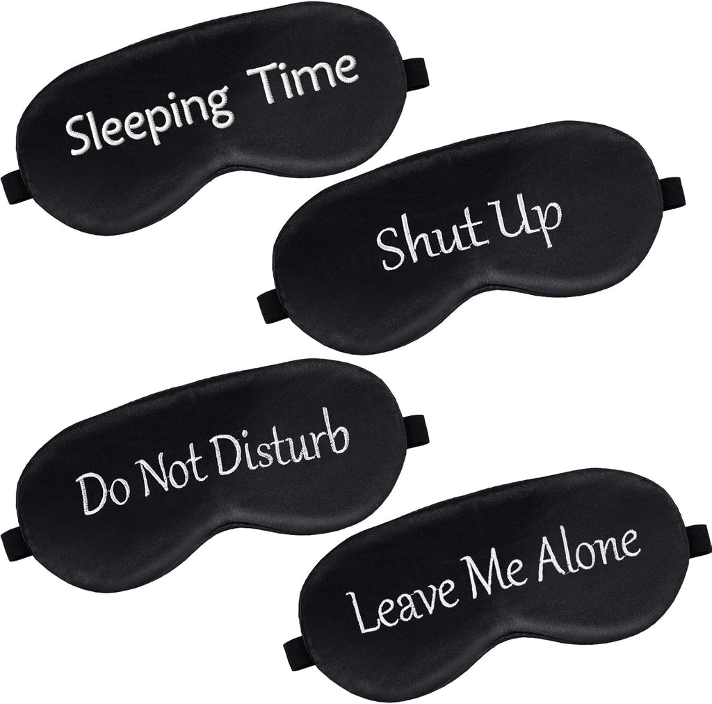 Geyoga 4 Pieces Funny Eye Mask for Sleep Soft Satin Eye Mask Blackout Blindfold with Adjustable Strap Silk Cover Out Lights for Women Men Travel, Nap, Meditation (Black with Black Words)
