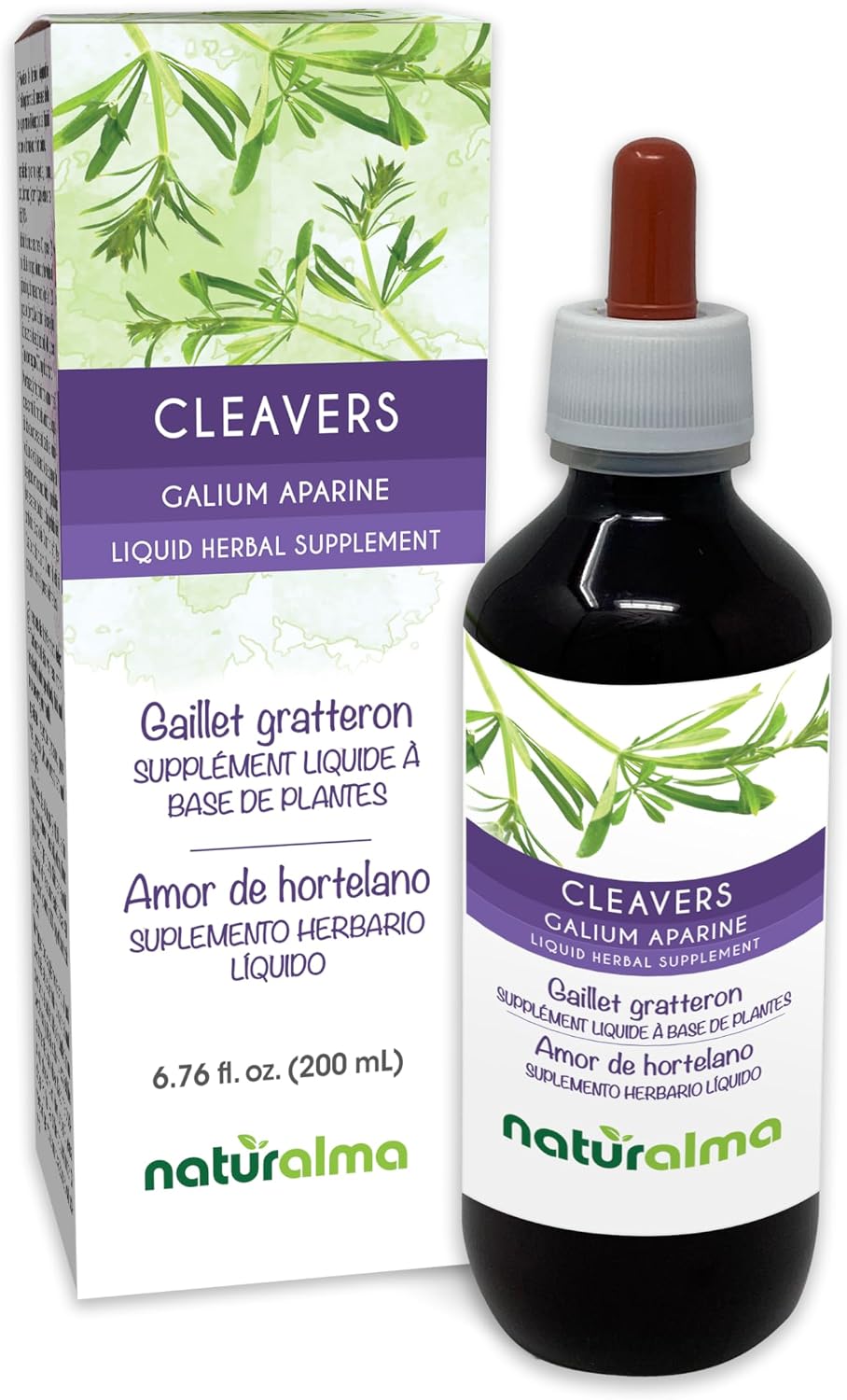 Naturalma Cleavers or Clivers (Galium aparine) herb with Flowers Alcohol-Free Tincture - 6.76 fl oz Liquid Extract in Drops - Herbal Supplement - Vegan