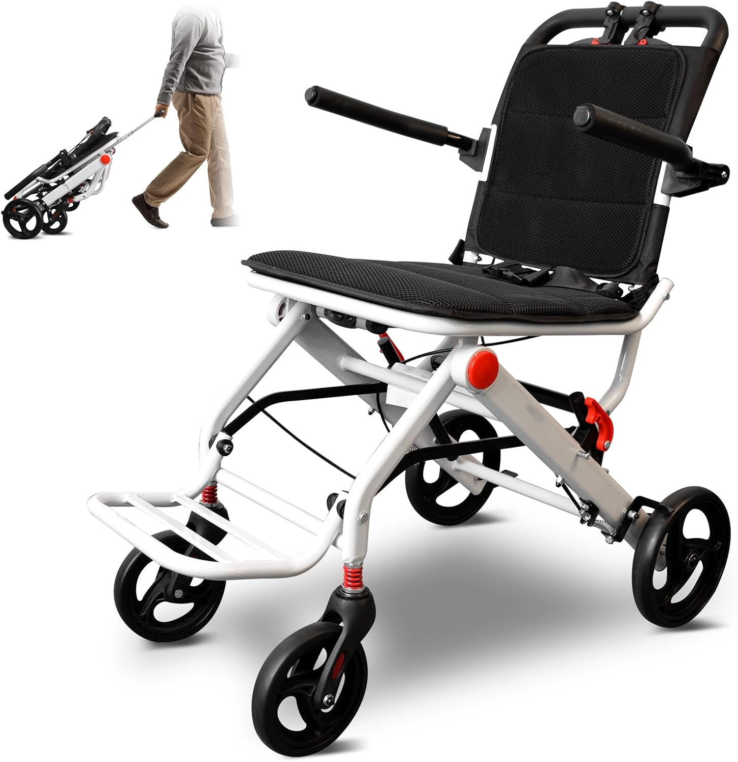 Wheelchairs for Adults, Foldable Wheelchair Lightweight Aluminum Frame with Handbrakes & Telescopic Handle, Portable Travel Chair for Seniors, No Installation, White