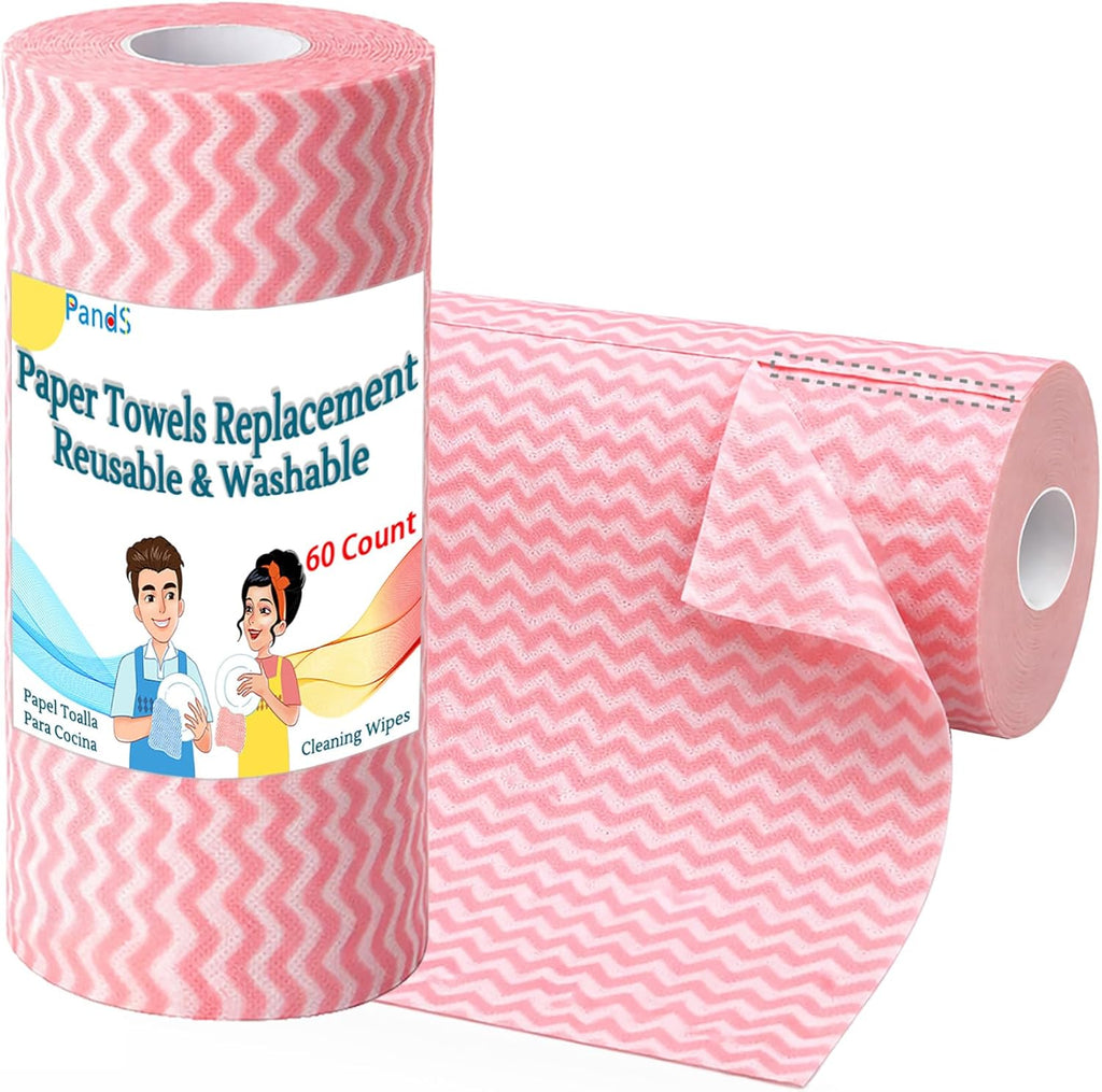 Reusable Paper Towels Washable, 60 Cts Disposable Kitchen Cloths for Cleaning Counters, Multi-Purpose, Pink Roll