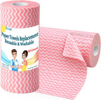 Reusable Paper Towels Washable, 60 Cts Disposable Kitchen Cloths for Cleaning Counters, Multi-Purpose, Pink Roll