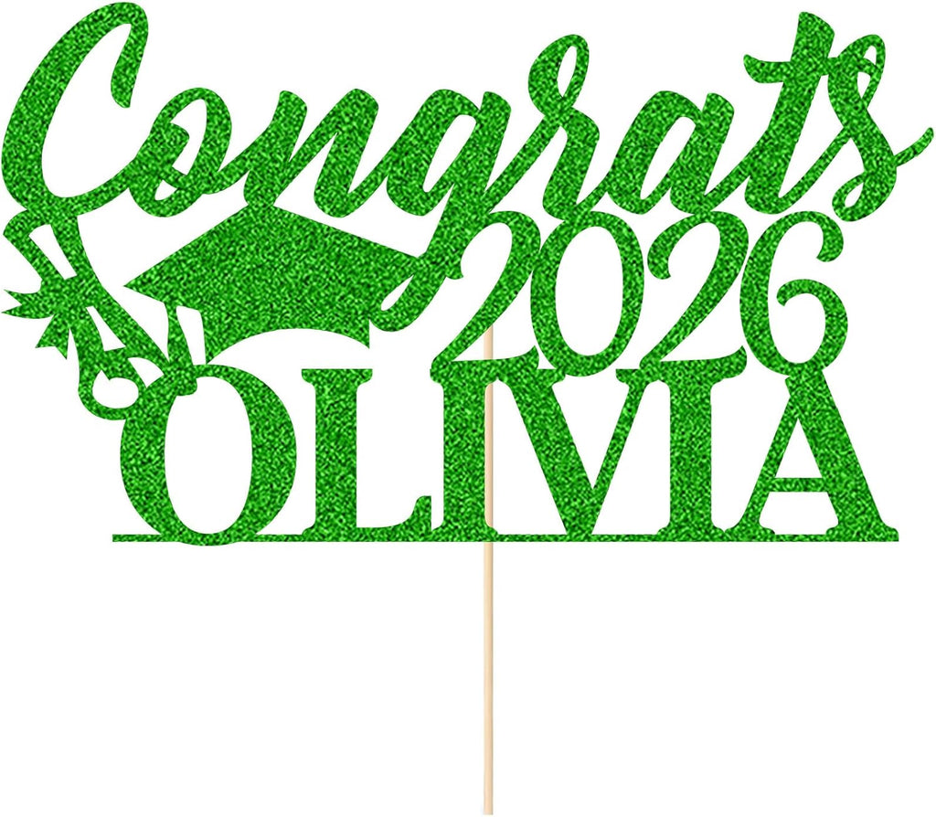 EDSG Personalized Graduation Cake Topper, Class of 2026 Double Sided Glitter Card Congrats Grad Cap Decorations for Graduation Party Supplies (Green)