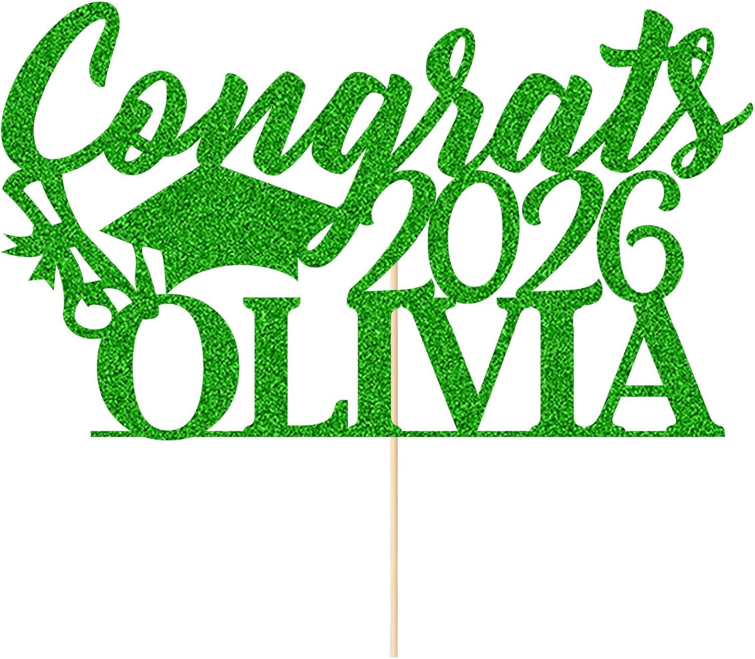 EDSG Personalized Graduation Cake Topper, Class of 2026 Double Sided Glitter Card Congrats Grad Cap Decorations for Graduation Party Supplies (Green)