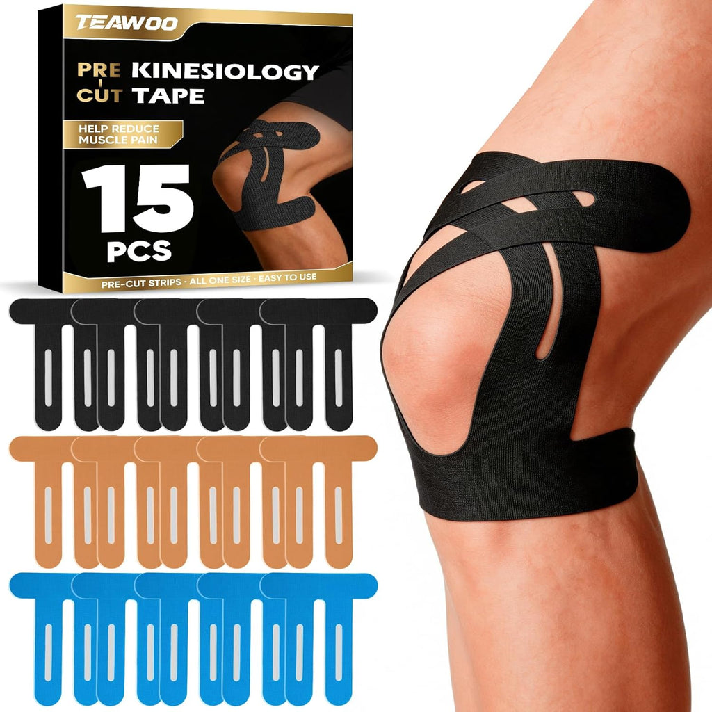 TEAWOO PreCut Kinesiology Tape for Knees, 15PCS Extra Adhesive Athletic Tape for Knee Pain Relief, Waterproof & Hypoallergenic, Latex-Free, Flexible Sports Tape (Black, Beige, Blue)
