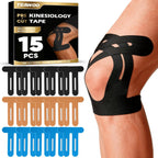 TEAWOO PreCut Kinesiology Tape for Knees, 15PCS Extra Adhesive Athletic Tape for Knee Pain Relief, Waterproof & Hypoallergenic, Latex-Free, Flexible Sports Tape (Black, Beige, Blue)