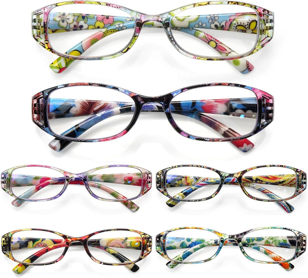 6 Pack Reading Glasses for Women, Blue Light Blocking Ladies Readers, Spring Hinge Fashion Pattern Print Eyeglasses