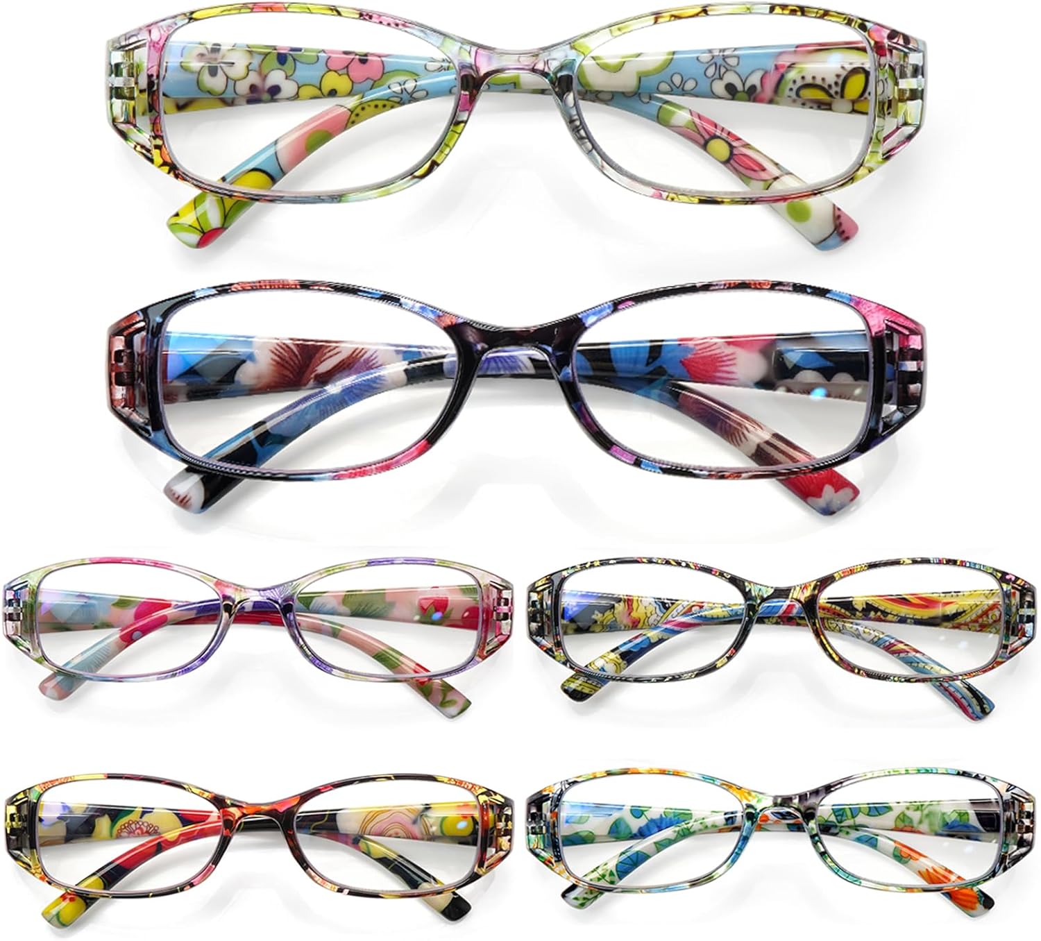 6 Pack Reading Glasses for Women, Blue Light Blocking Ladies Readers, Spring Hinge Fashion Pattern Print Eyeglasses