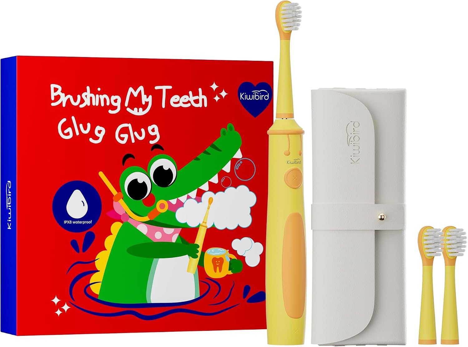 KIWIBIRD Kids Electric Toothbrush for Ages 3–10, Toddler Sonic Toothbrush with 4 Modes & Soft Silicone Bristles, 2-Min Timer Pressure Sensor, 45-Day Rechargeable Battery, Waterproof (Yellow)
