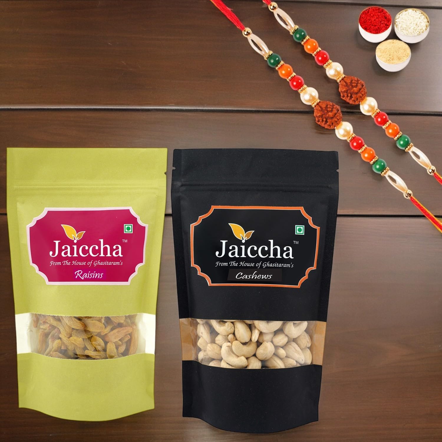 Jaiccha Ghasitaram Rakhi Gifts for Brothers Rakhi Dryfruits - Cashews 100 GMS and Raisins 100 GMS Pouches with 2 Rudraksh Rakhis