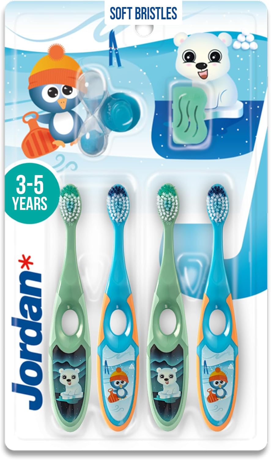 Jordan* ® | Step 2 Kids Toothbrush | 3-5 Years, Soft Bristles, BPA Free,4 Pack | Blue & Green