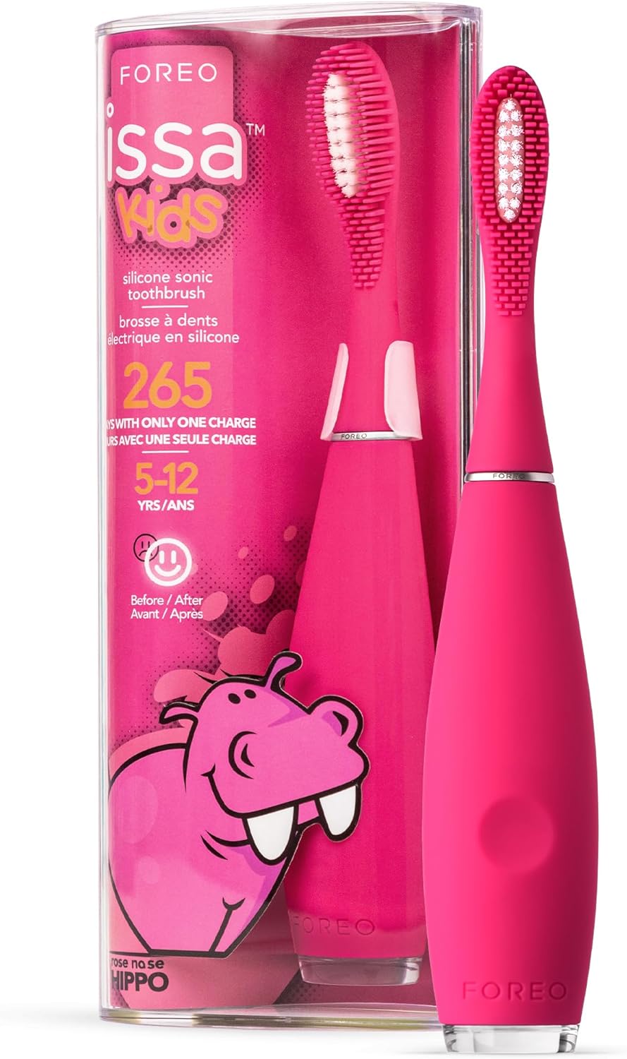 FOREO ISSA Kids Silicone Sonic Toothbrush for Kids, Rose Nose Hippo