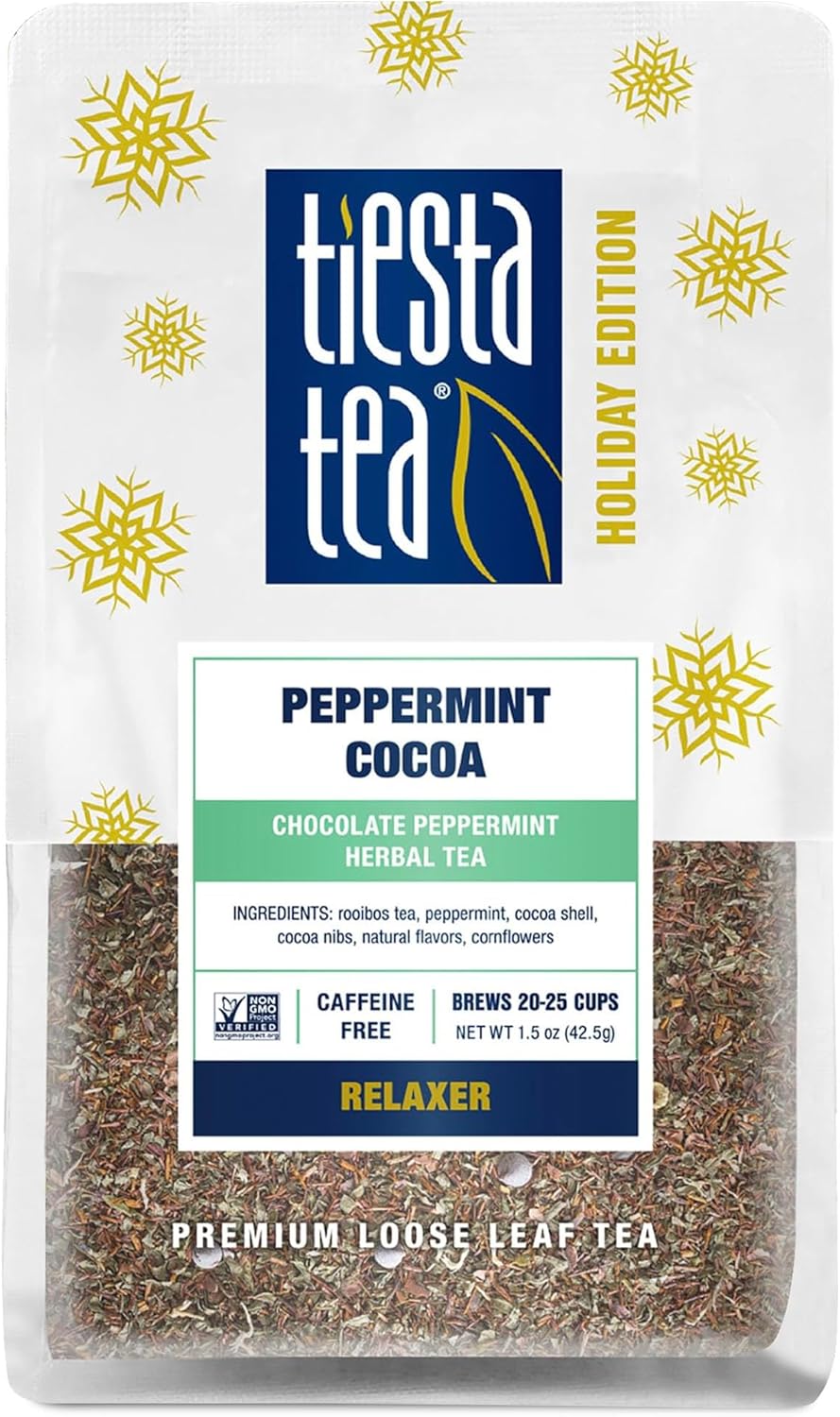 Tiesta Tea Cozy Peppermint Cocoa, Premium Loose Leaf Blends, Chocolate Peppermint Herbal Tea, Caffeine-Free, Holiday Blend, Holiday Edition, Hot or Iced Brew, Up to 25 Cups, 1.5oz Resealable Pouch
