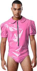 iiniim Mens Sissy Maid Cosplay Costume Patent Leather Wet Look Lace Trim Short Sleeve Bodysuit