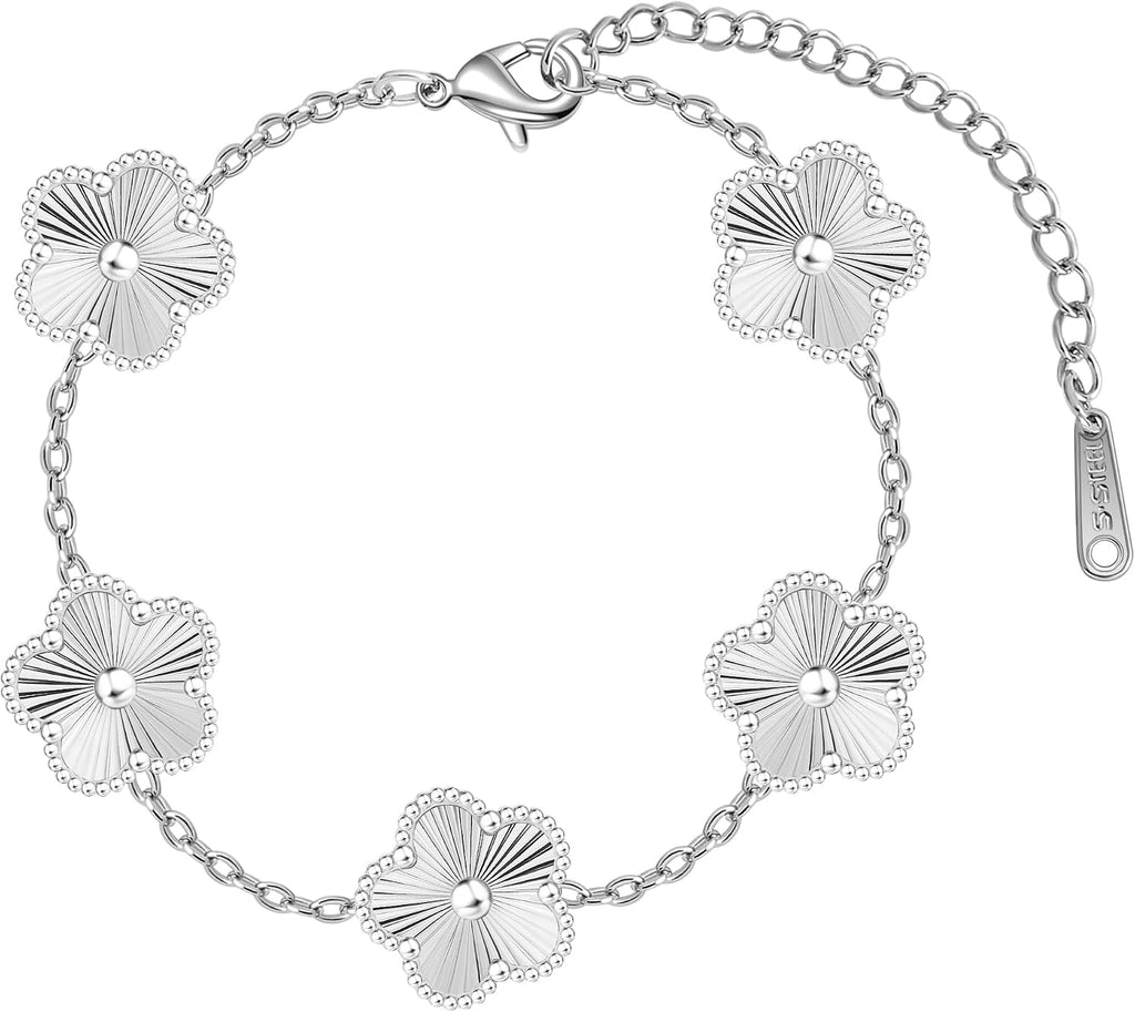 Four Leaf Clover Bracelet for Women 18K Gold Plated Stainless Steel Lucky 4 Leaf Chain Link Adjustable Bracelets Jewelry Gift for Women/White/Black Bracelets (Gold Clover Bracelet/White)