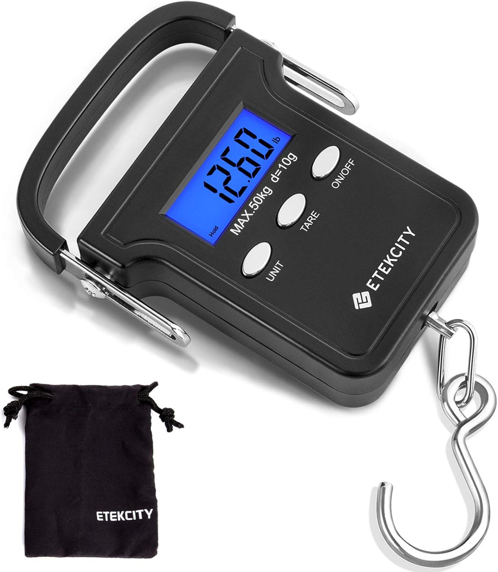Etekcity Fishing Scale with Backlit LCD Display, 110lb/50kg Digital Electronic Hanging Hook Scale with Batteries and Carry Pouch Included, Black, Non-Slip Handle