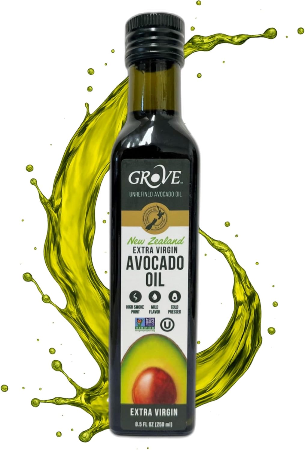 Grove Extra Virgin Avocado Oil - Plant Based, Vegan, Gluten Free, 100% Natural, Cold Pressed, High Smoke Point, 16 Whole Avocados in Every Bottle (8.4oz, 250ml)