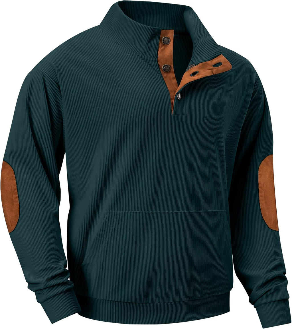 JMIERR Mens Corduroy Sweatshirt Casual Stand Collar Quarter Fall Metal Button Pullover Sweaters Long Sleeve with Pockets