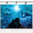 7x5ft Fabric Shark Theme Backdrop Deep-sea Ocean Shark Reef Aquarium Photography Background Birthday Theme Party Decoration Banner Kid Diver Portrait Photo Studio Props