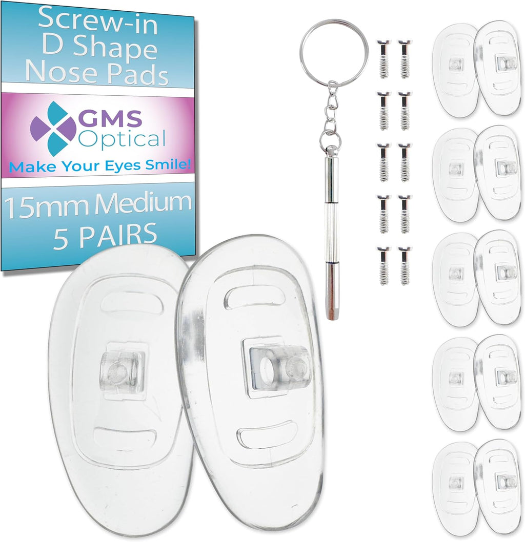GMS Optical Screw-in Silicone Nose Pads for Glasses | 15mm Medium, 7.4mm Width | Non Slip Nose Grips for Sunglasses and Eyewear, Anti Slip Eyeglass Accessories w/Screws & Screwdriver (5 Pairs)