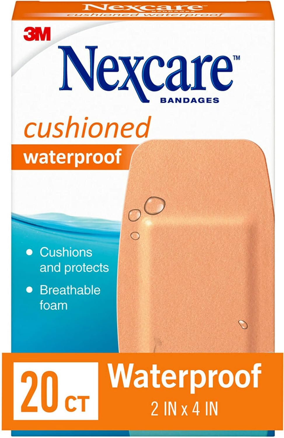 Nexcare Waterproof Cushioned Bandages, Knee & Elbow, 2 x 4 in, 20 Count