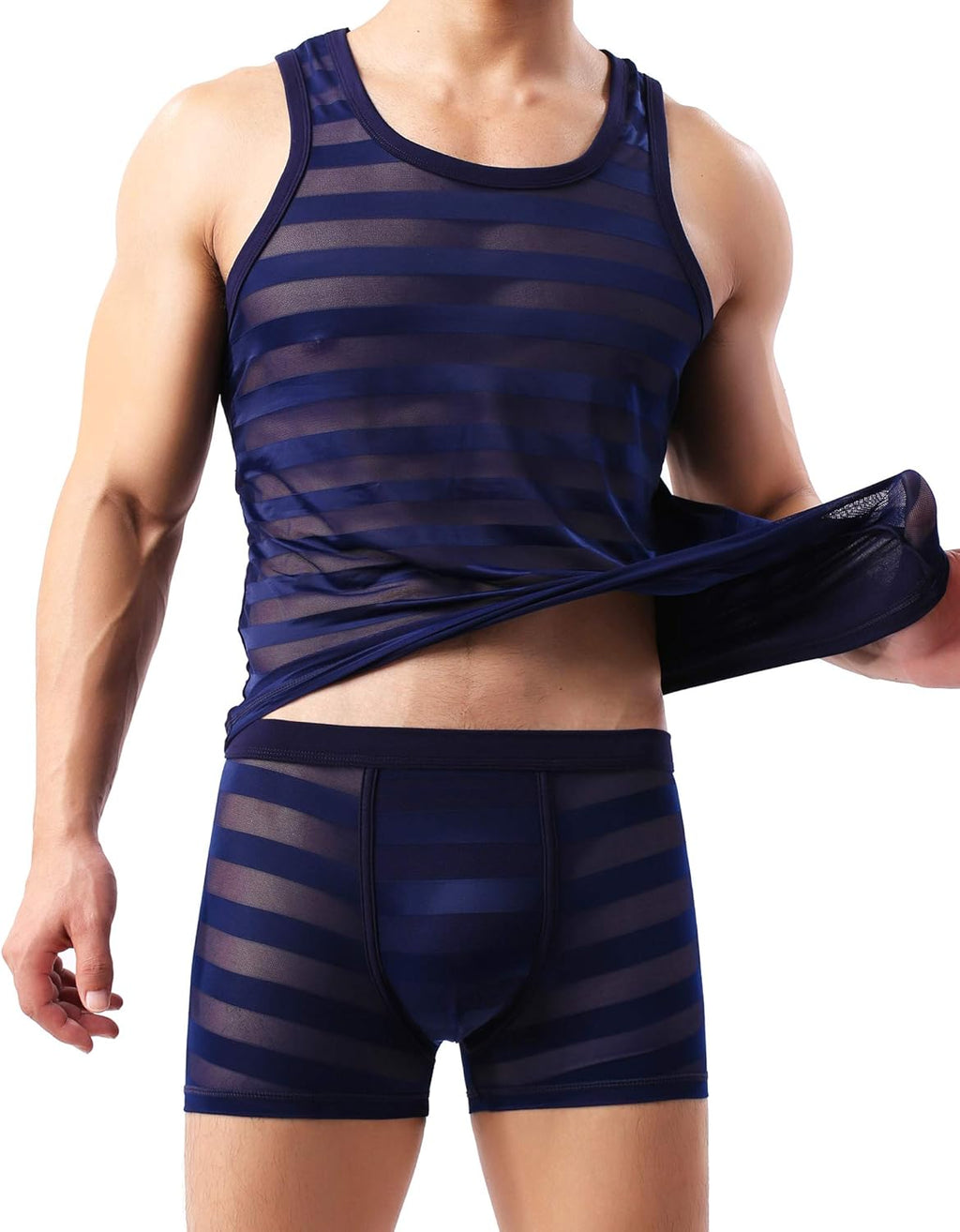 Mens See Through Tank Top Set Mesh Tank Top with Sexy Boxer Brief Set…