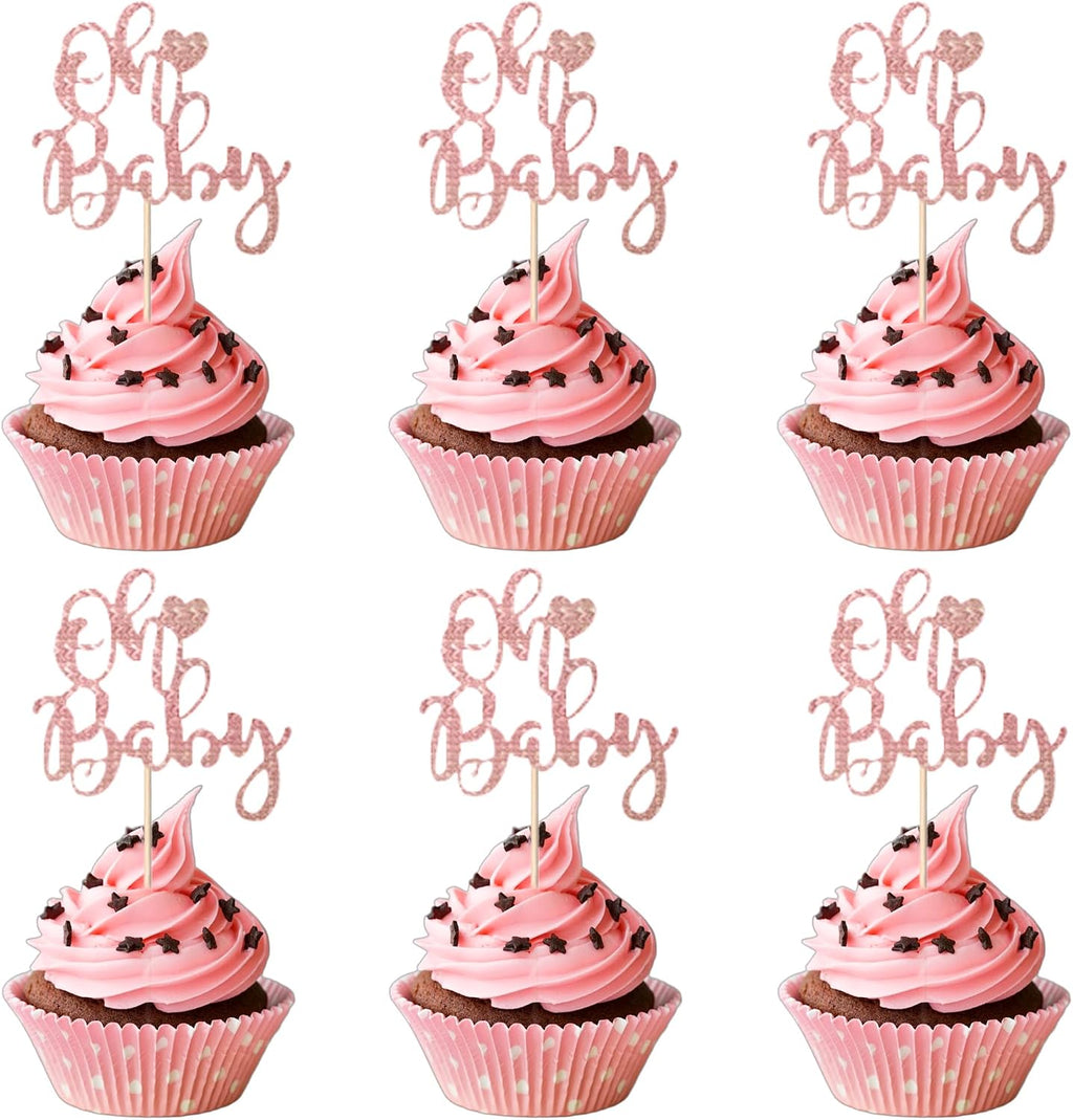 12 Pcs Oh Baby Cupcake Toppers, Pink Glitter Cake Topper for Baby Shower Party Cake Decoration Kids Birthday Party Cake Decorations Supplies