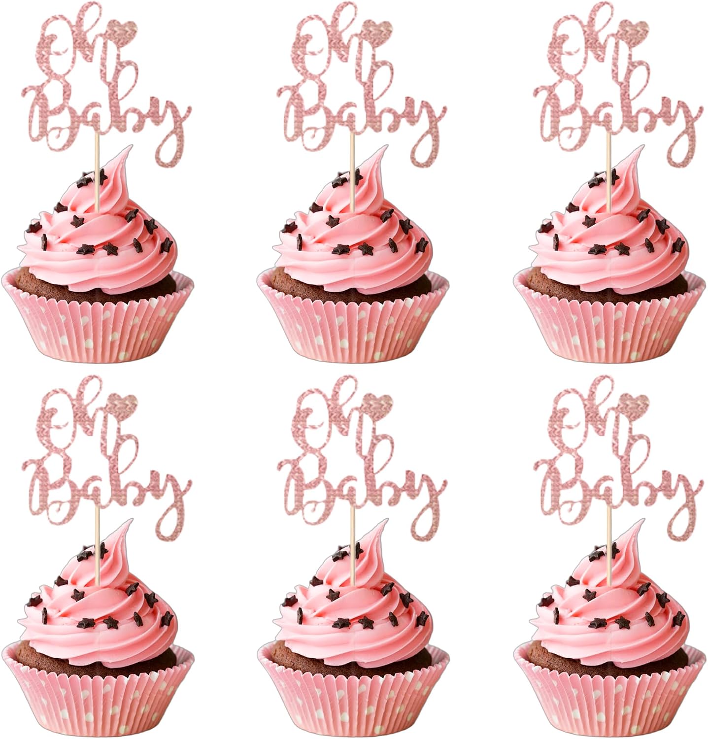 12 Pcs Oh Baby Cupcake Toppers, Pink Glitter Cake Topper for Baby Shower Party Cake Decoration Kids Birthday Party Cake Decorations Supplies