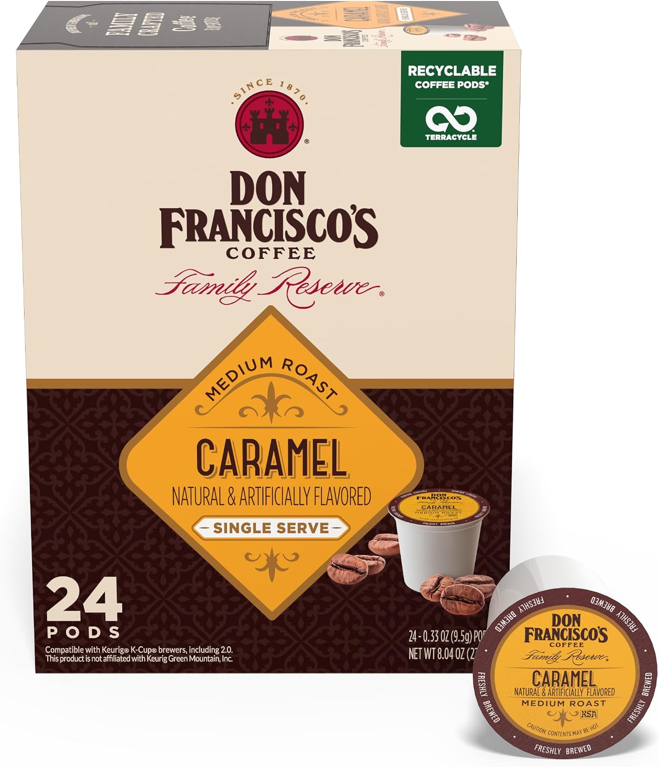 Don Francisco's Caramel Flavored Coffee Pods, 24 Count, Medium Roast, Compatible with Keurig Brewers