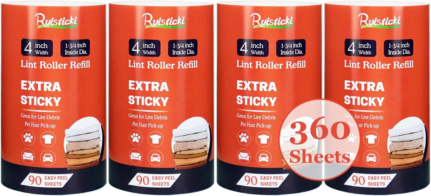4 inch Lint Roller Refills Only for Scotch Brite, Everyday Clean Lint Roller Refills 4 Pack, Pet Hair Pickup Extra Sticky 90 Sheets per Refill, 360 Adhesive Sheets Total (1 3/4 inch Inside Dia.)
