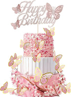 Glitter Double Sided Rose Gold Butterfly Happy Birthday Cake Topper Set, Assembled Butterfly Cake Toppers and 20 Pieces Pink Butterflies Cupcake Toppers for Girls Woman's Birthday Party Decor Supplies