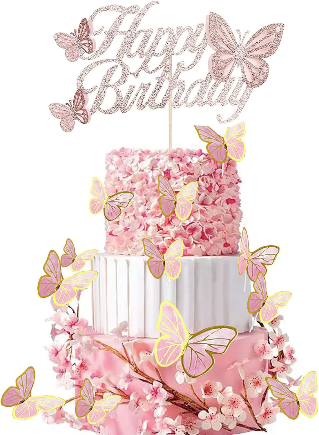 Glitter Double Sided Rose Gold Butterfly Happy Birthday Cake Topper Set, Assembled Butterfly Cake Toppers and 20 Pieces Pink Butterflies Cupcake Toppers for Girls Woman's Birthday Party Decor Supplies